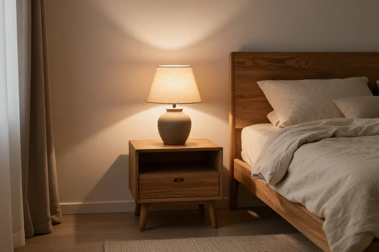 Warm bedside lamp with soft fabric shade, illustrated