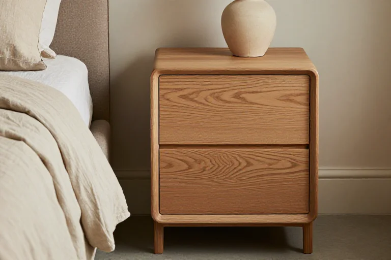 Warm wood bedside table with visible grain, illustrated