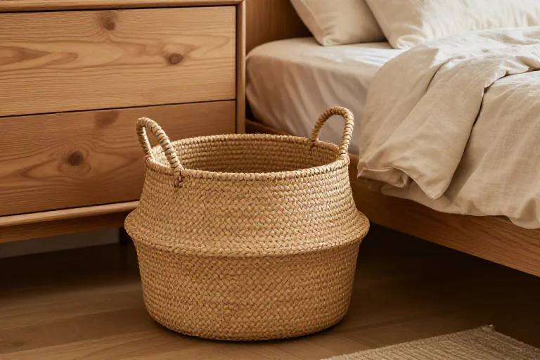 Handwoven rattan or seagrass basket, illustrated