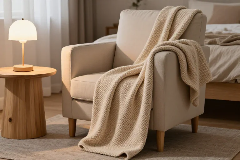 Soft throw blanket draped over chair, illustrated