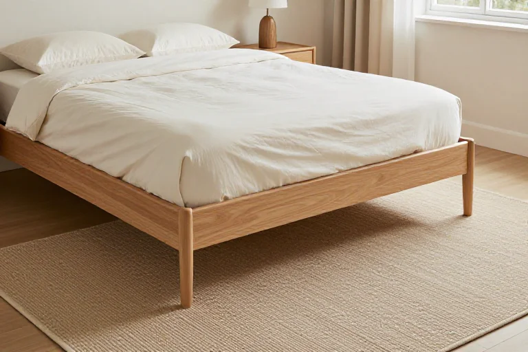 Warm neutral textured rug placed beneath the bed in a small bedroom